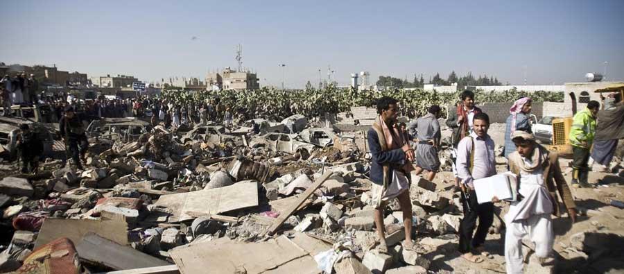 Locals search for survivors in the rubble following Saudi air strikes, near Sana’a Airport, Yemen. Photo: Abo Haitham Locals search for survivors in the rubble following Saudi air strikes, near Sana’a Airport, Yemen. Photo: Abo Haitham