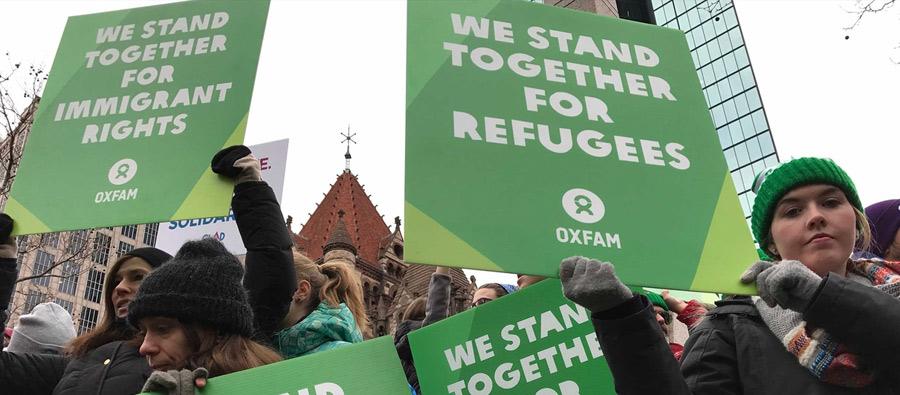 Activists protesting the executive order barring refugees from the US on Sunday, January 29 in Boston's Copley Square. Photo: Lauren Levine / Oxfam Activists protesting the executive order barring refugees from the US on Sunday, January 29 in Boston's Copley Square. Photo: Lauren Levine / Oxfam